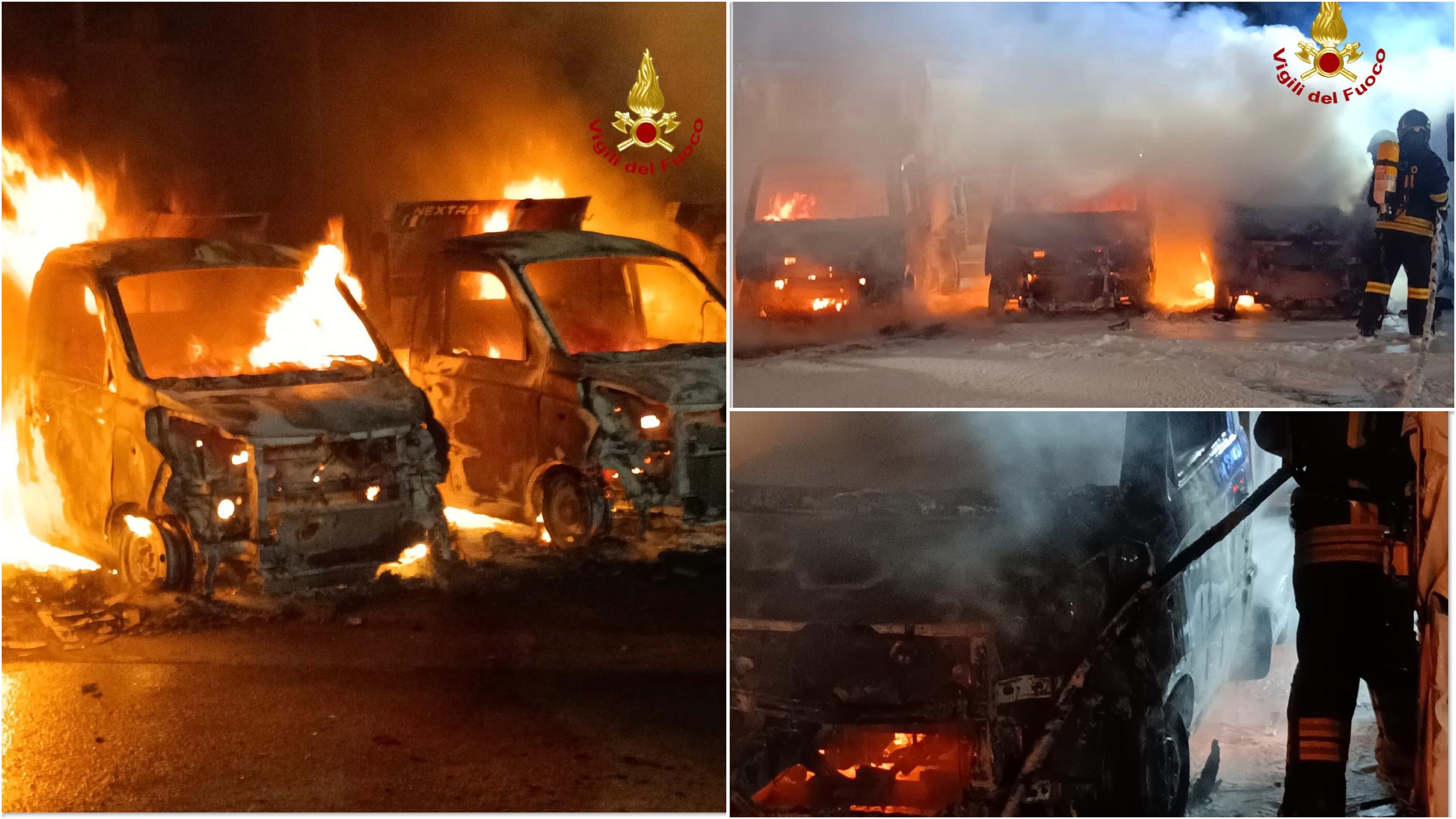 Incendio in un deposito di automezzi: a fuoco 11 veicoli
