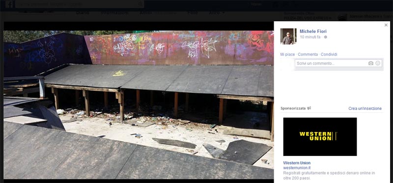 Michele Fiori denuncia su Fb: skate park ridotto in malora