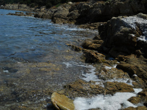 La schiuma poco invitante sugli scogli della Spiaggia delle Alghe