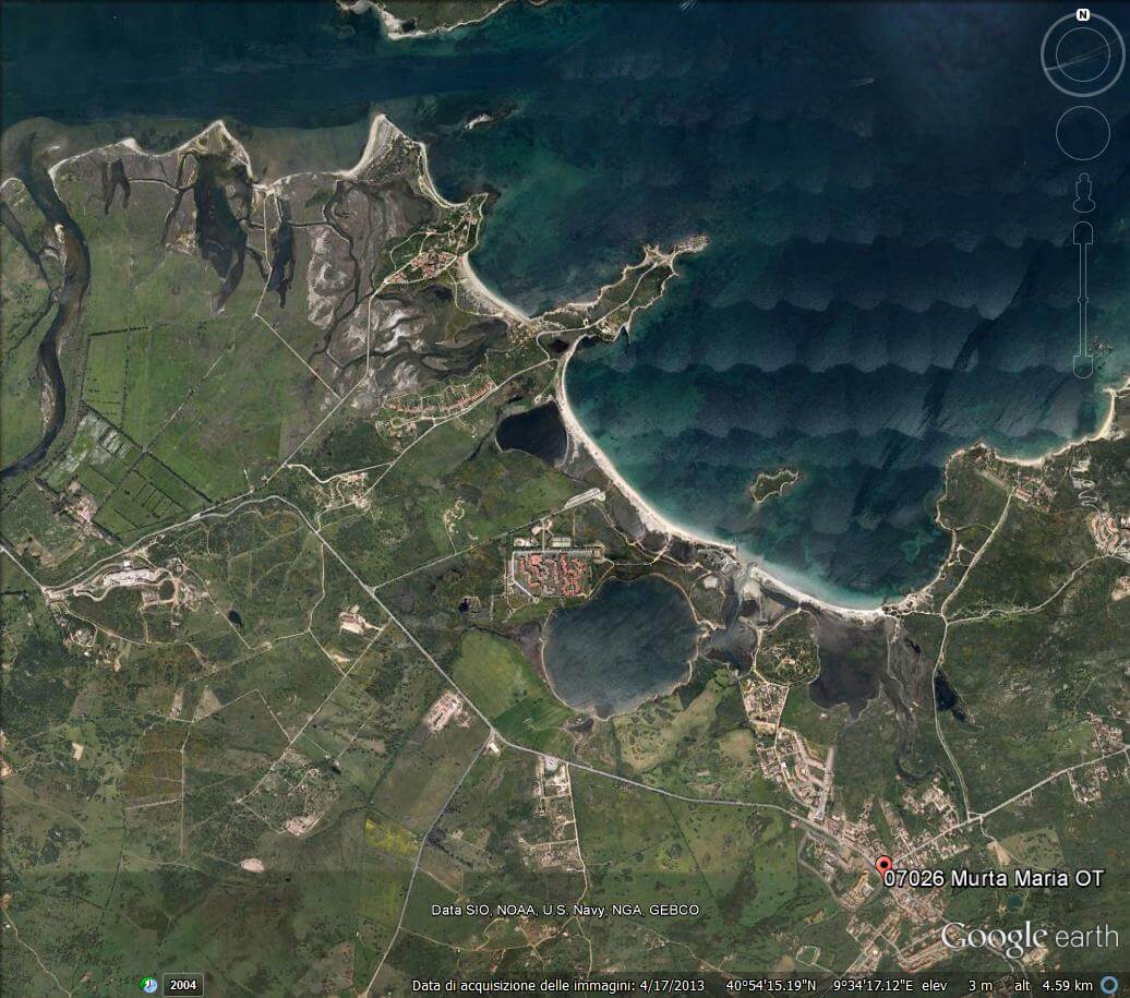 Foto satellitare recente delle Saline olbiesi in Google Earth. 
