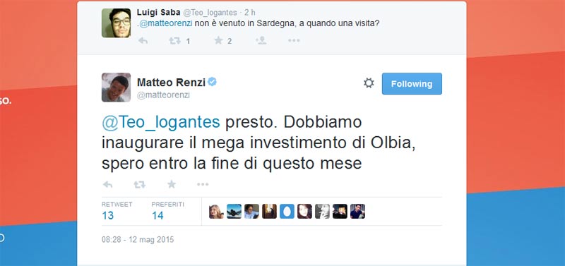 Renzi ad Olbia a fine Maggio: annuncio su Twitter