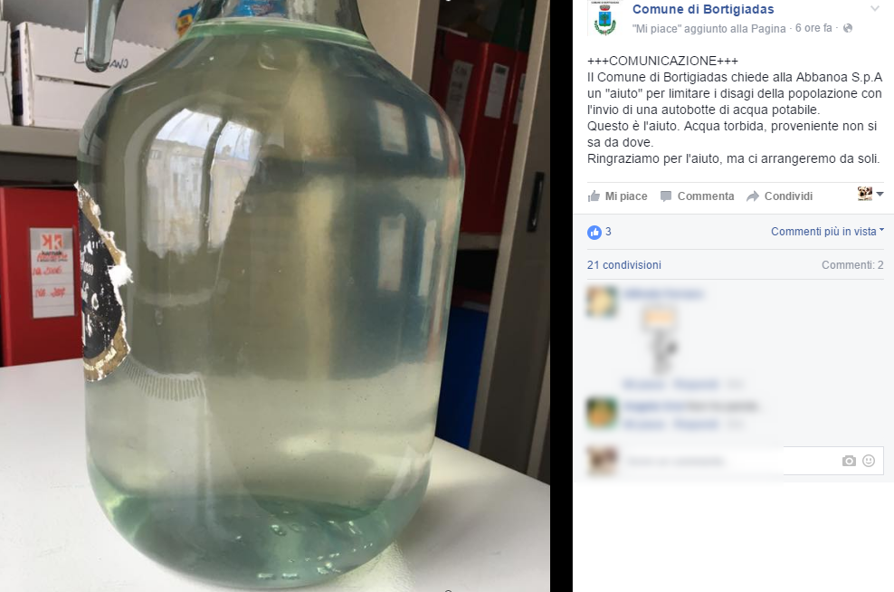 E' guerra tra Bortigiadas e Abbanoa dopo l'autobotte di acqua torbida