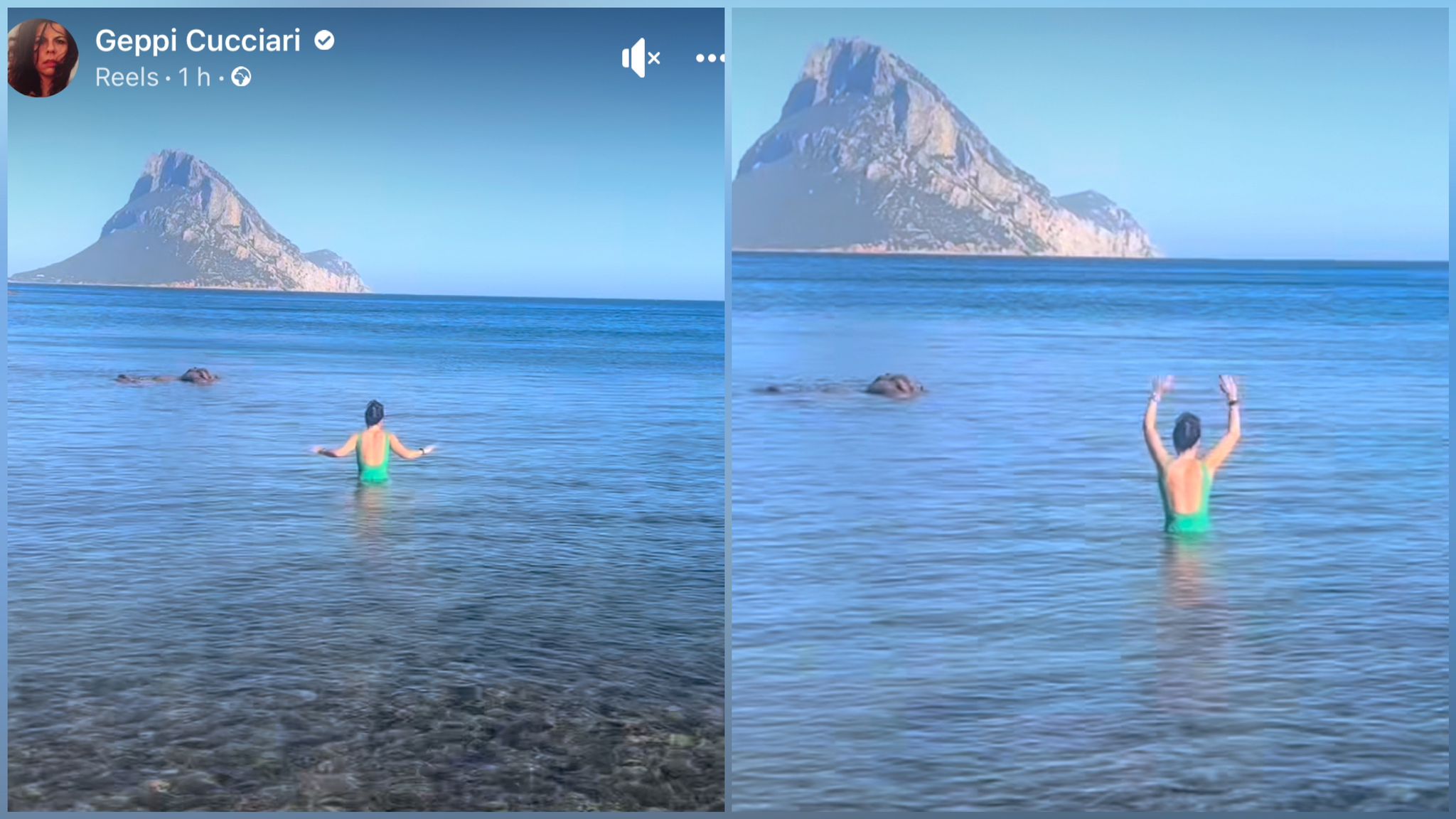 Tavolara sullo sfondo e il bagno di Geppi Cucciari 
