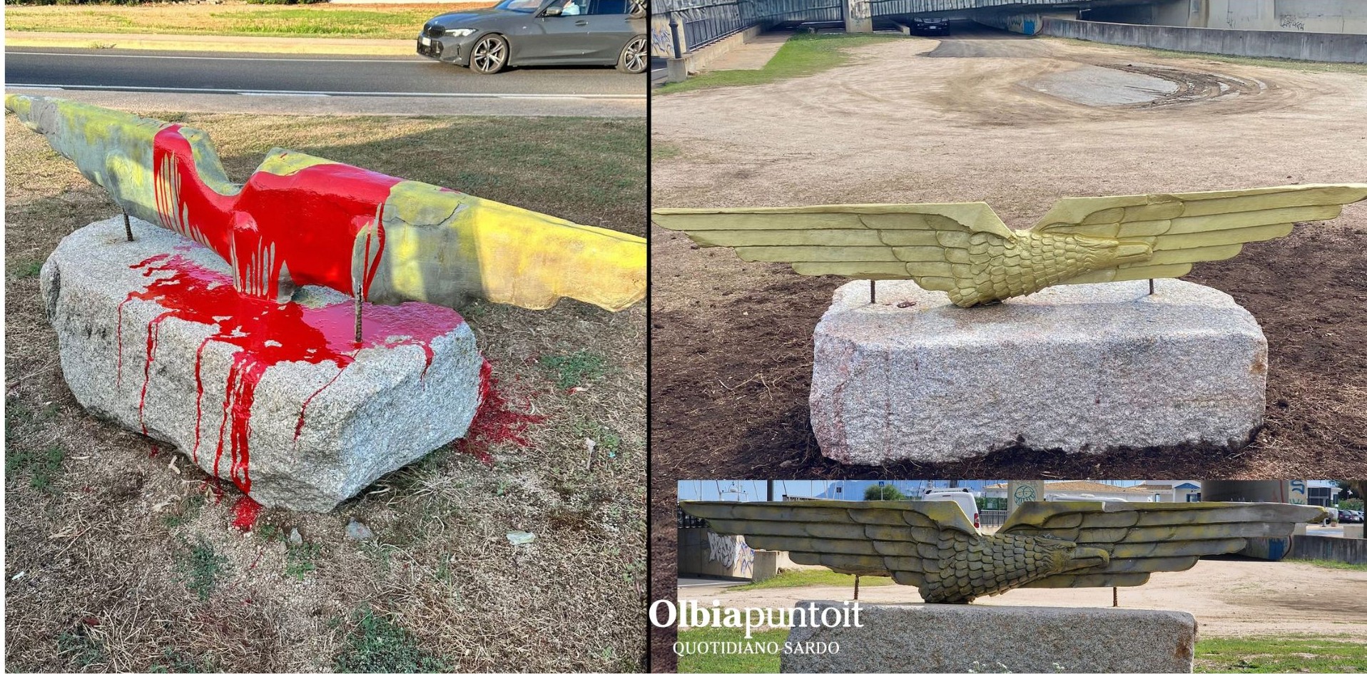 Olbia, imbrattata di rosso e ripulita subito l'aquila storica dell'idroscalo Anfossi: le parole del sindaco