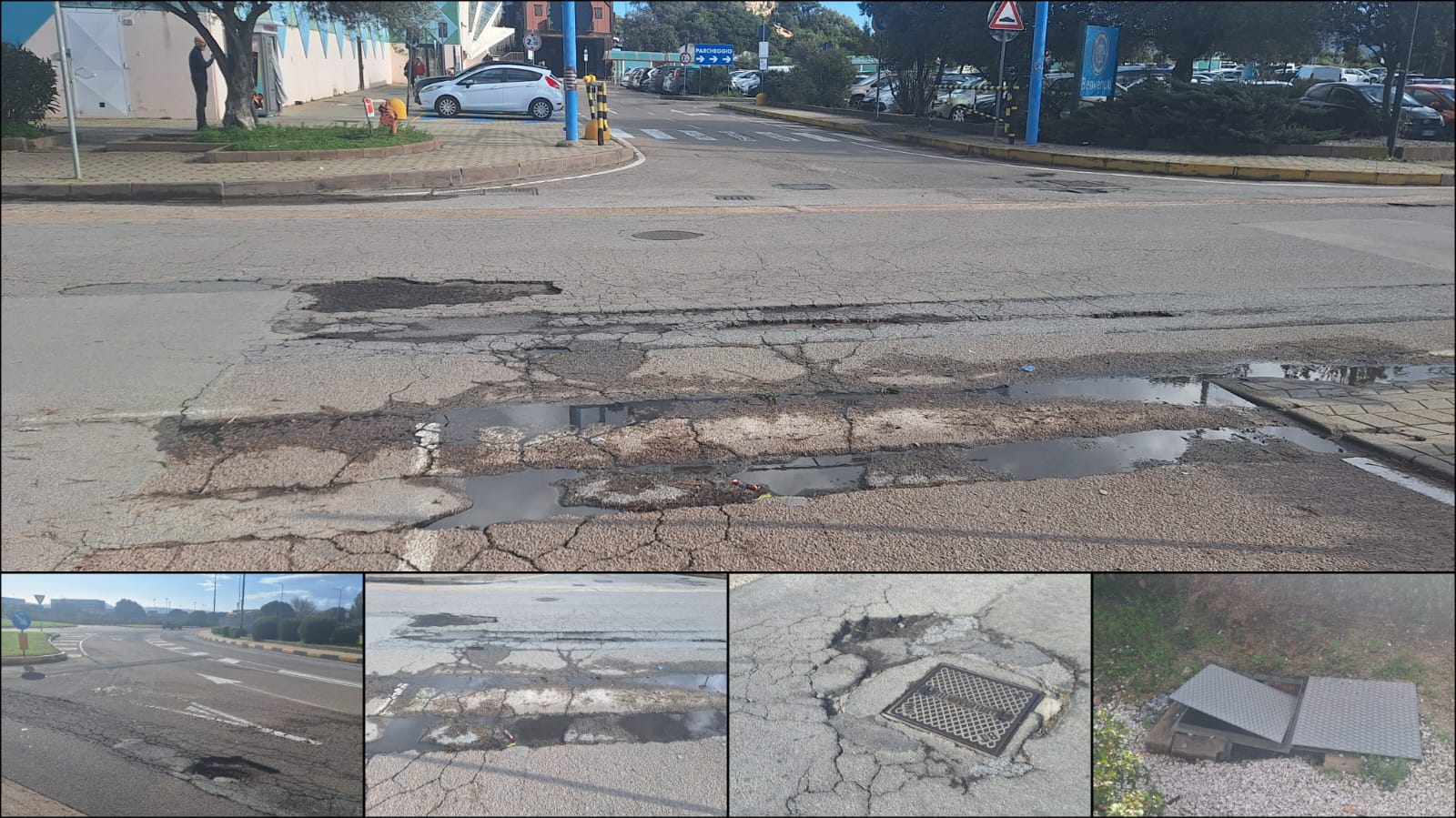 Olbia, buche e tombini pericolanti in zona Centro Commerciale Olbia Mare
