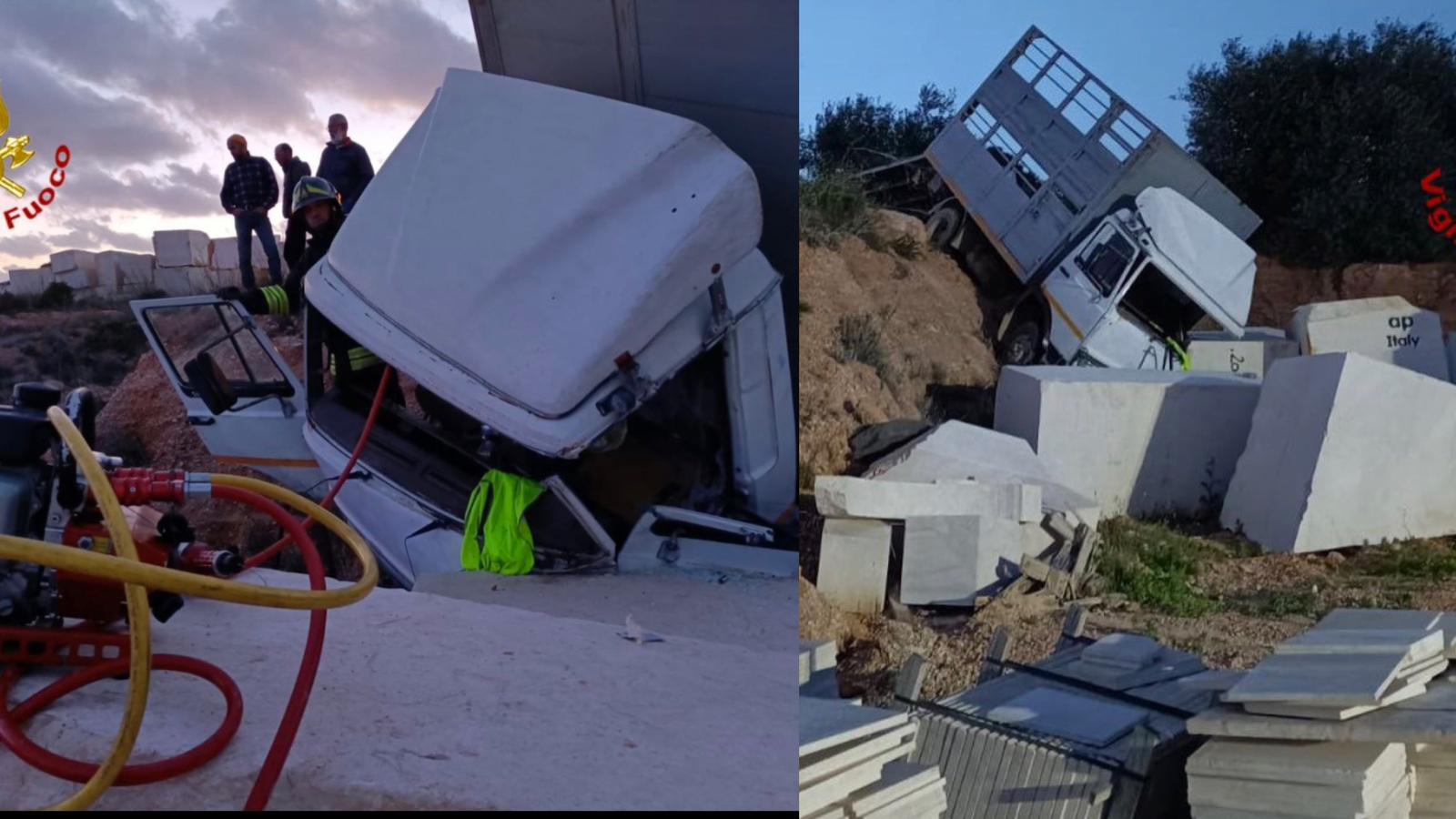 Camion fuori strada: allevatore resta incastrato