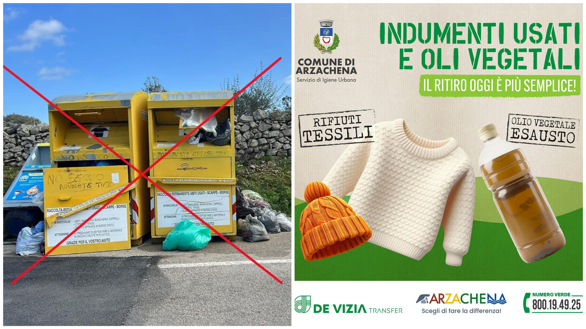 Arzachena, cambia il sistema raccolta rifiuti tessili e oli esausti