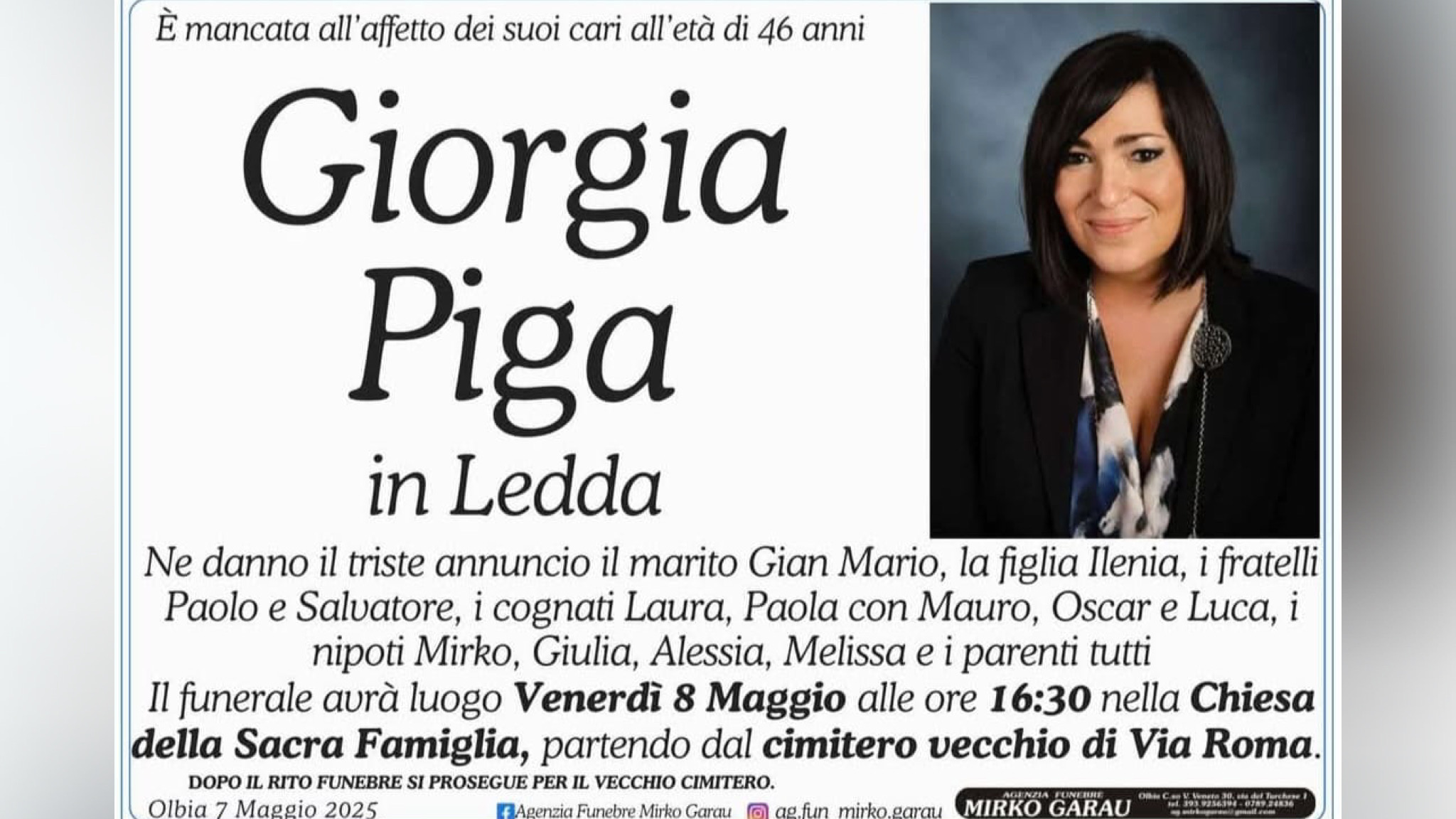 Olbia e Berchidda in lutto per Giorgia Piga in Ledda: oggi l’ultimo saluto