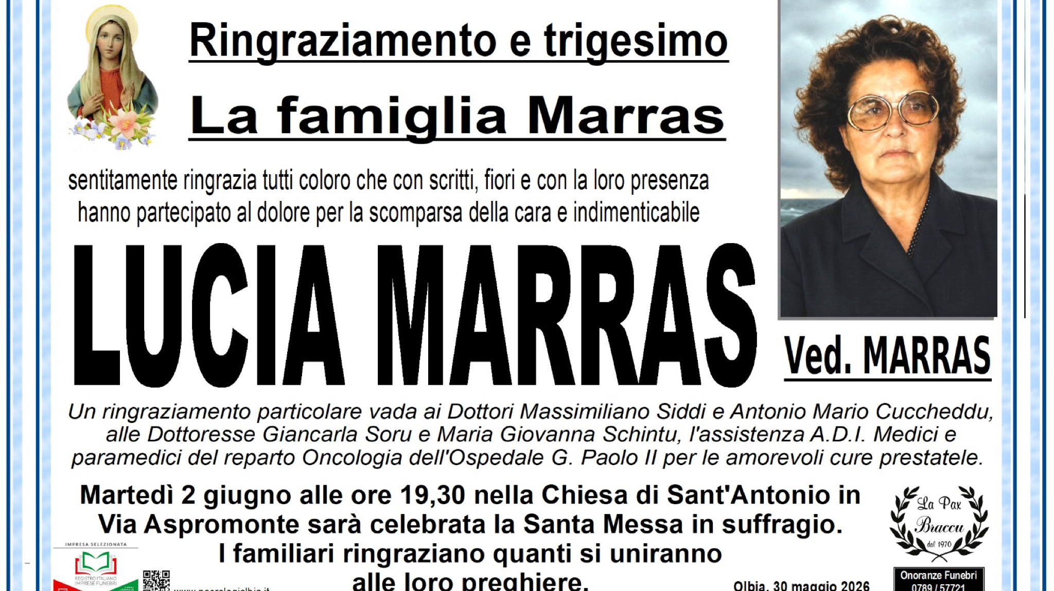 Olbia, ringraziamento e trigesimo Lucia Marras