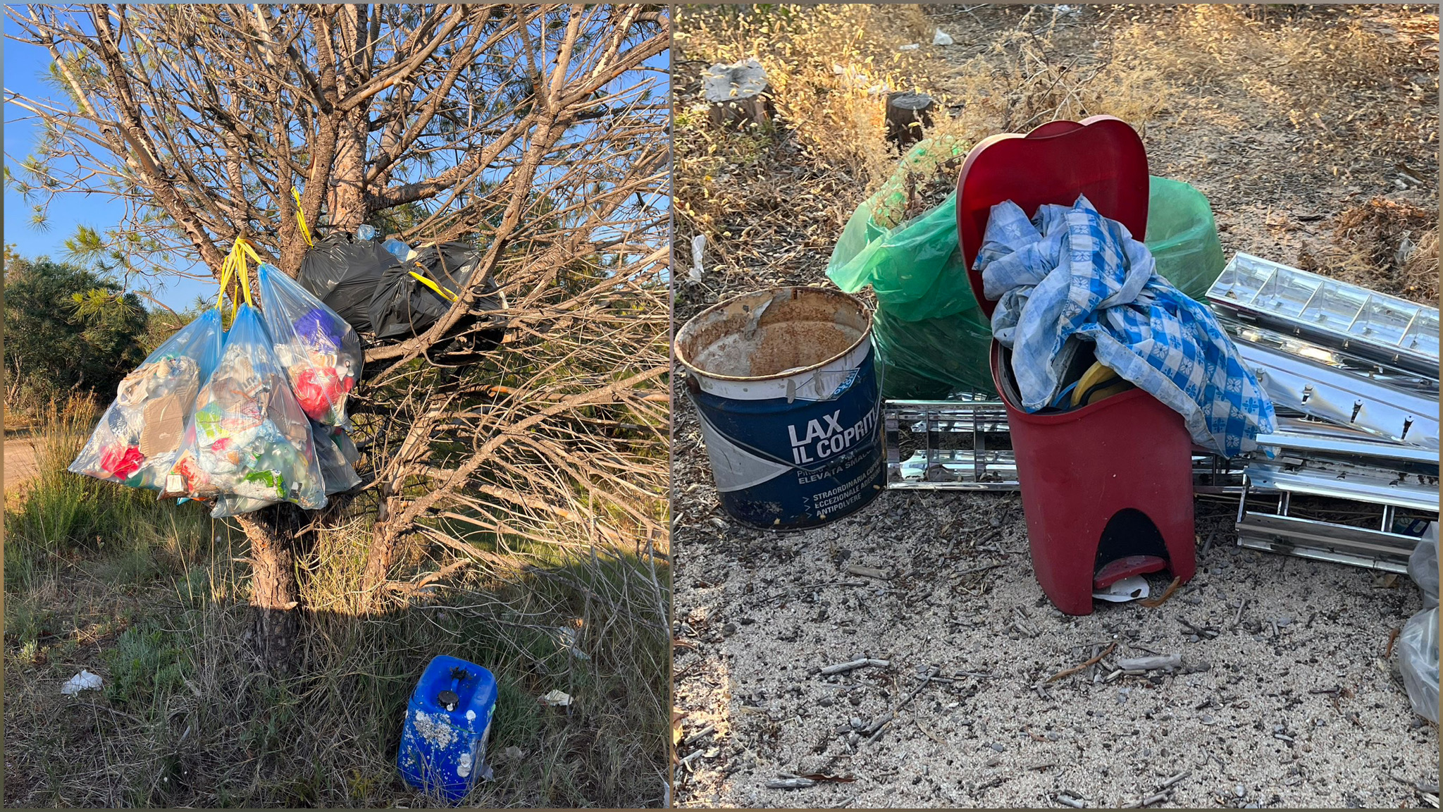 Olbia, zona Lido del Sole: albero addobbato dall’inciviltà umana con tanti “doni” attorno