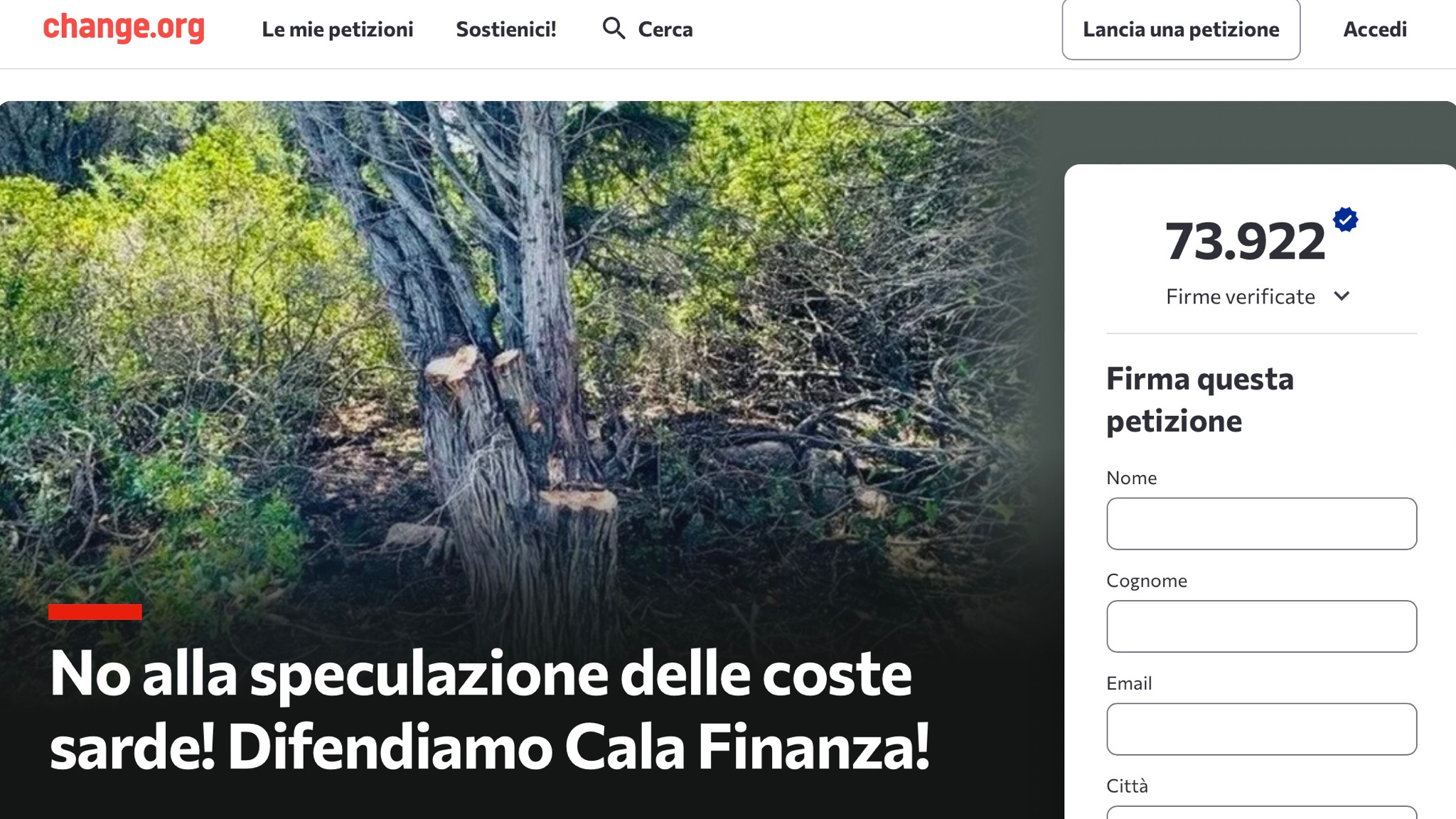 Cala Finanza, la raccolta firme dei cittadini supera quota 70 mila