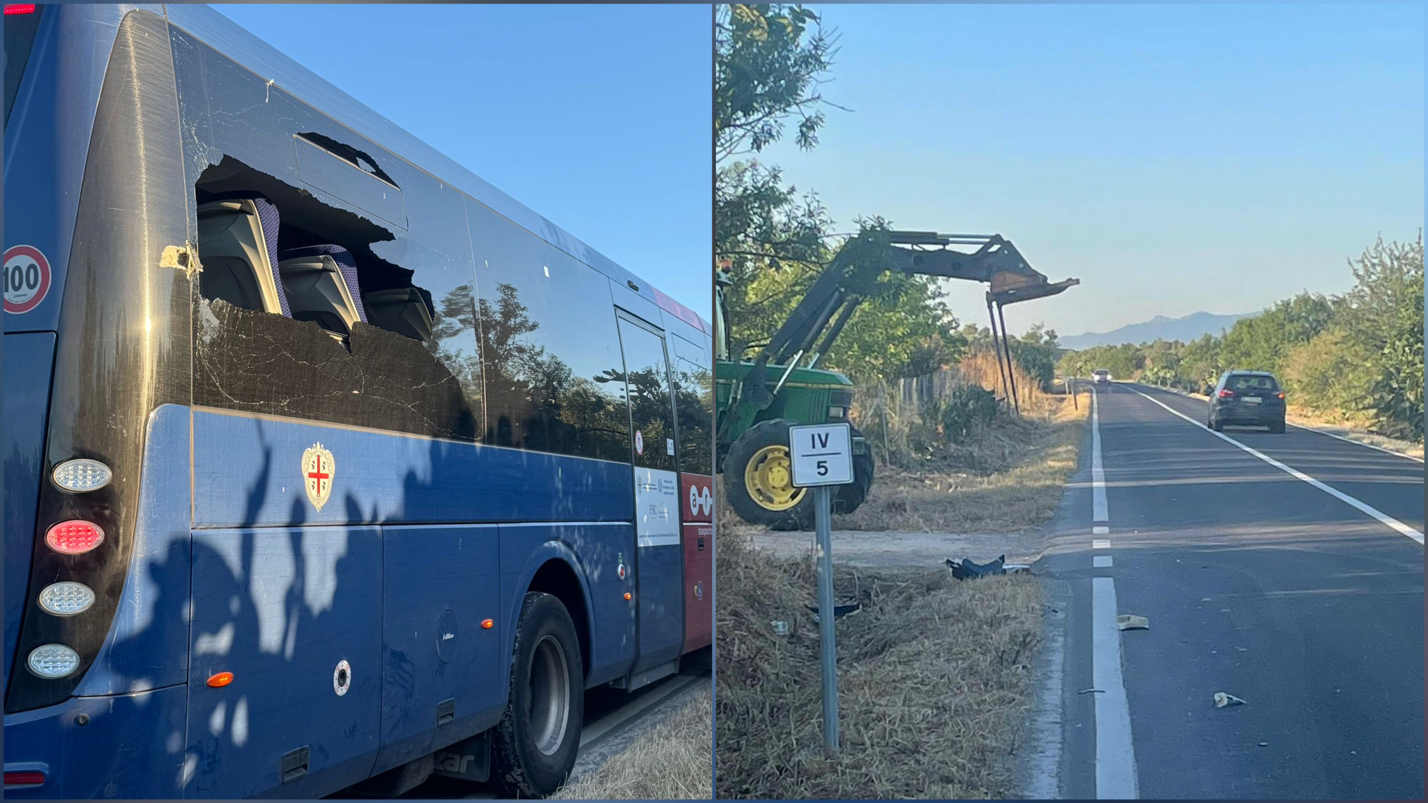 Tragedia sfiorata lungo la Decimomannu-Villasor: autobus Arst squarciato dalla benna di un trattore