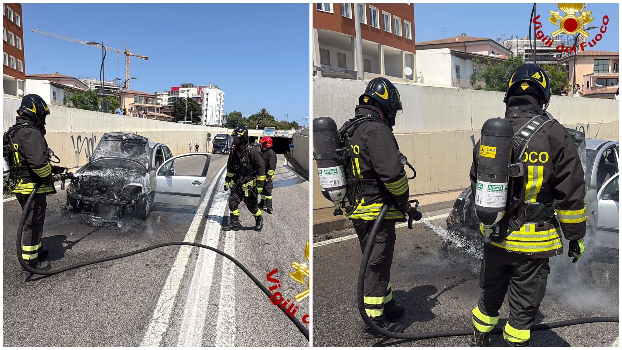 Olbia, auto a fuoco all’uscita del tunnel nel centro città 