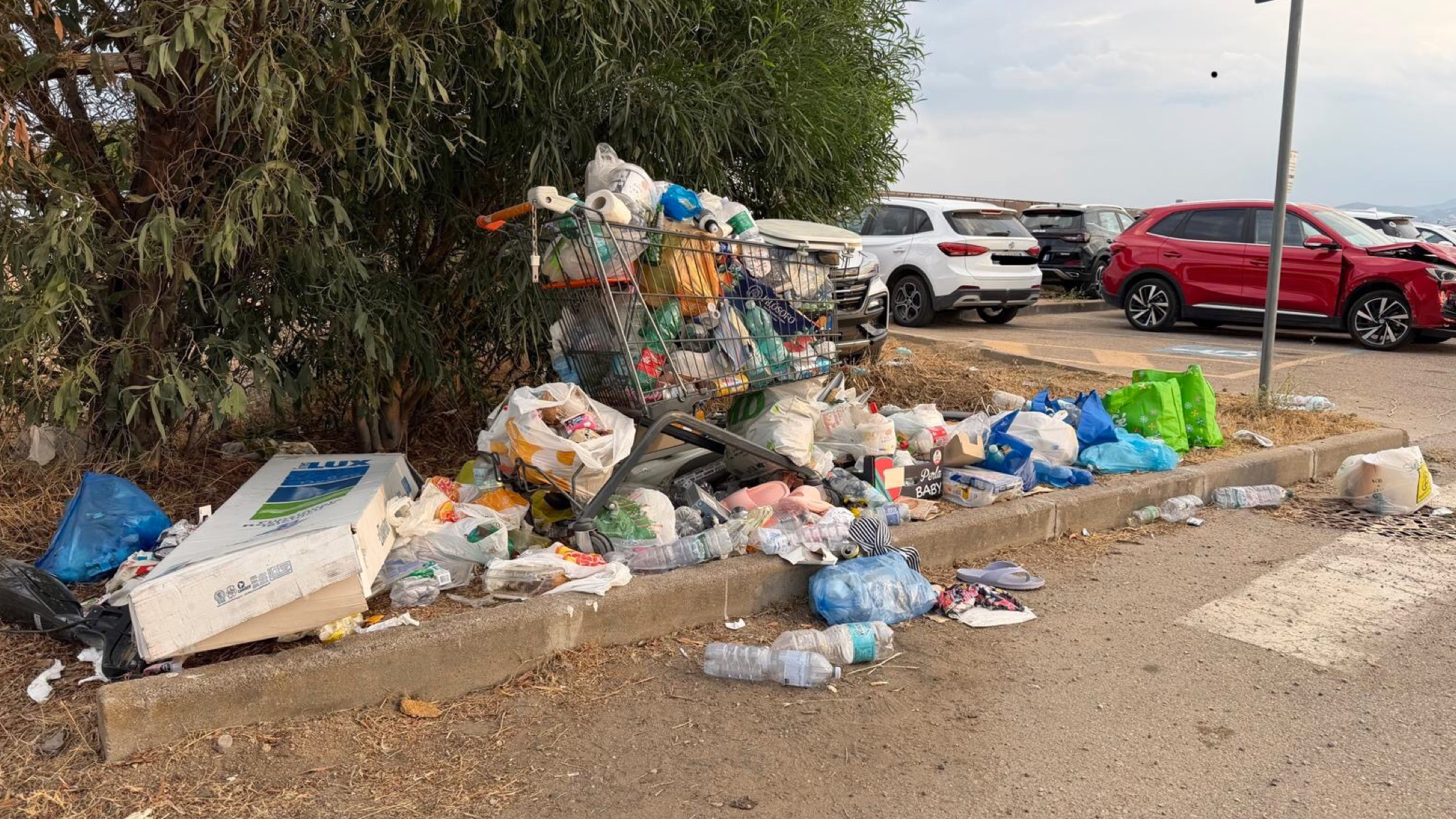 Olbia, sacchi, bottiglie, scatole e rifiuti abbandonati accanto a un parcheggio: il degrado lungo il bordo della strada