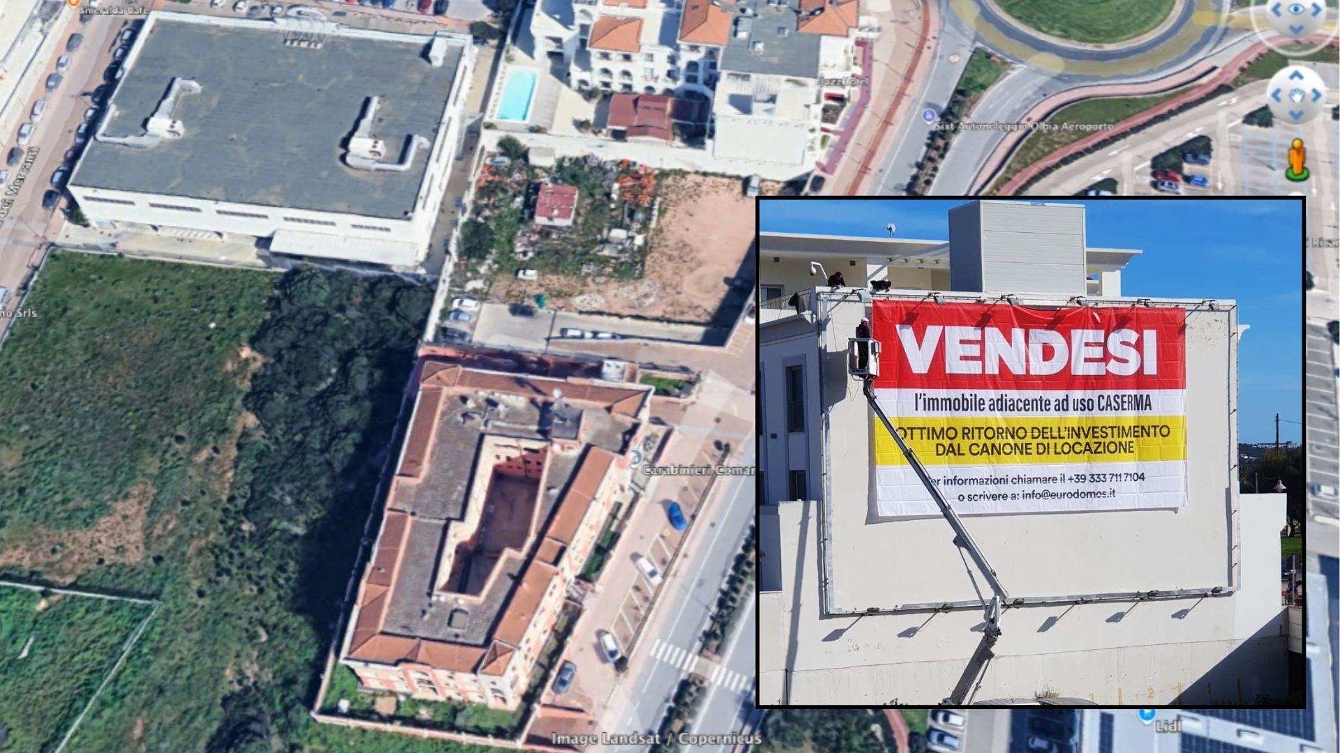 Olbia, caserma dei Carabinieri di via degli Astronauti in vendita: comparso un banner sul Jazz Hotel