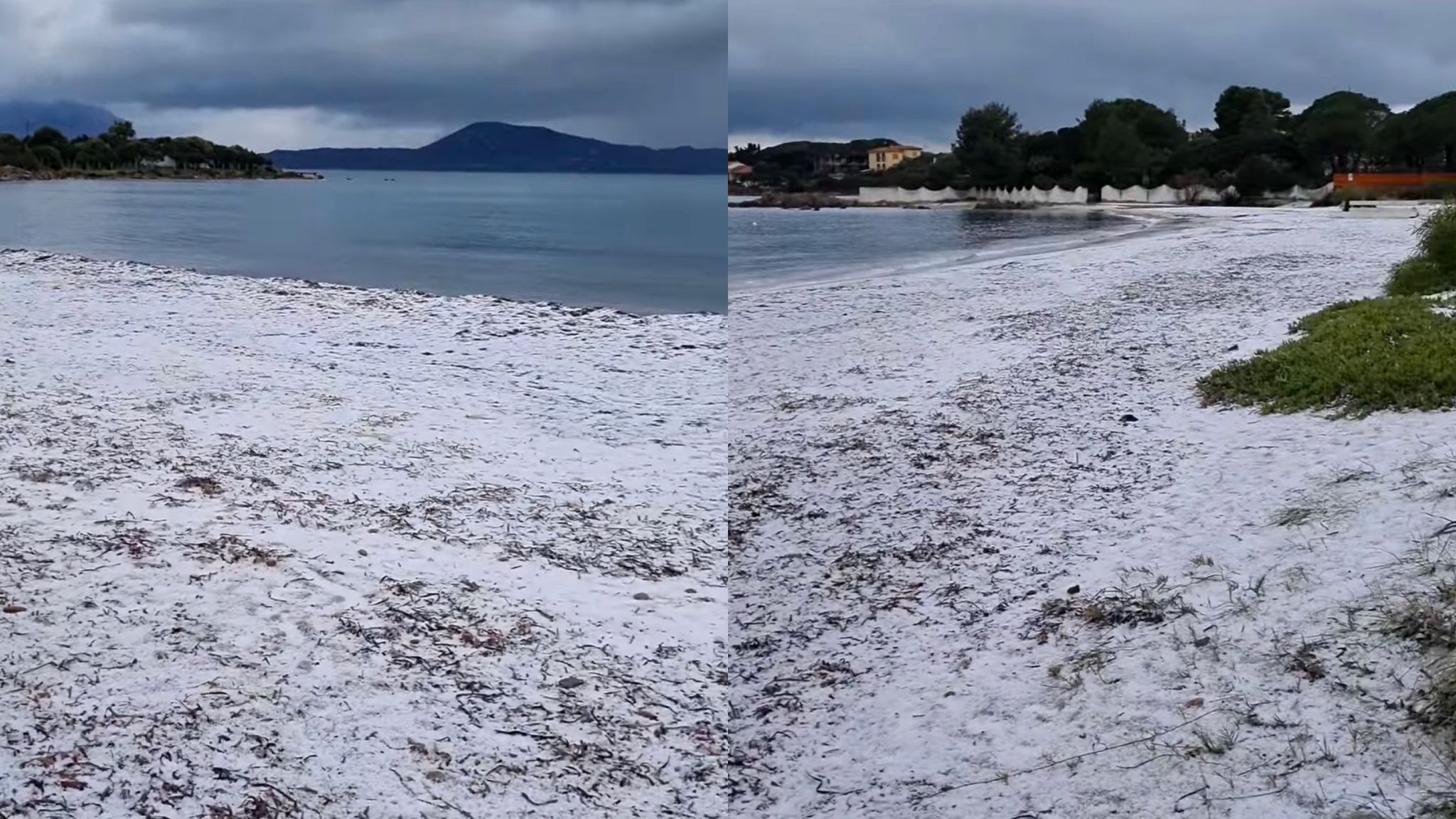Da Olbia a Cagliari, con il freddo la grandine arriva in spiaggia: colori unici 