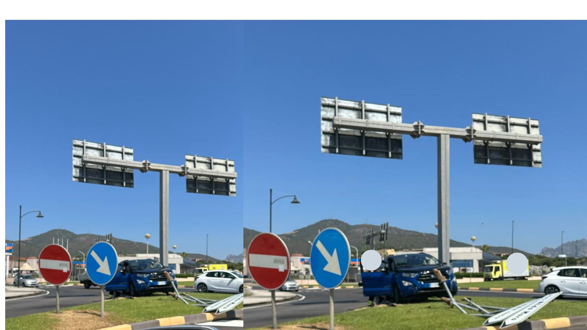 Olbia, auto esce di strada e centra cartello nella rotatoria di Zona Basa