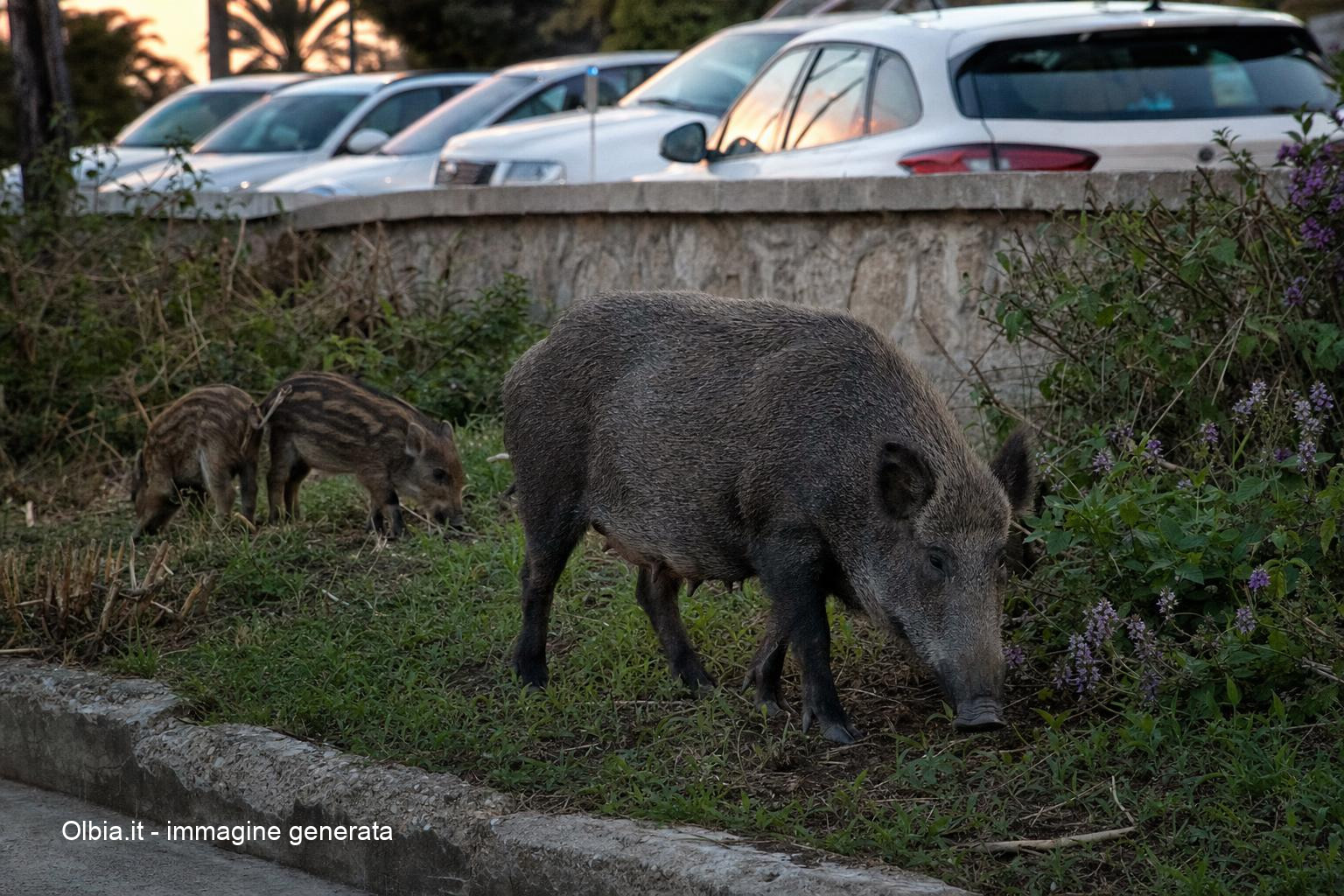 Cannigione, cinghiali con cuccioli tra le aiuole del centro