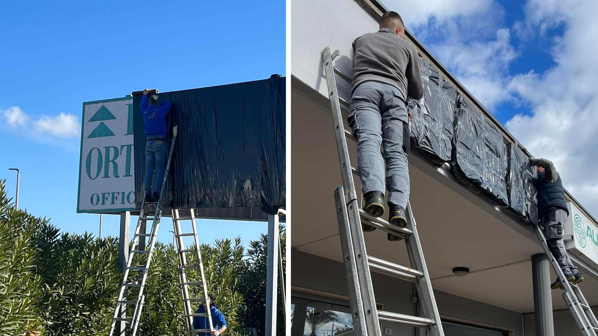 Olbia: Orthotecnica Bazzoni e Nuova Autoscuola oscurano e smontano le insegne