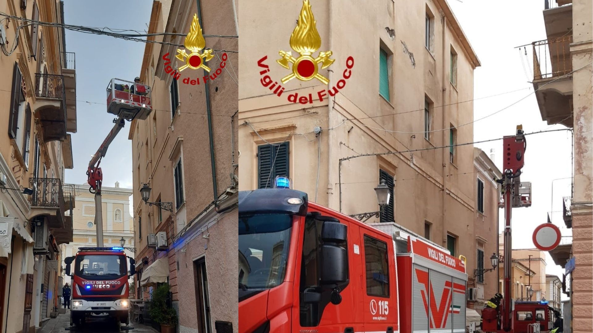 Crollo parziale di un cornicione a La Maddalena: vigili del fuoco in azione