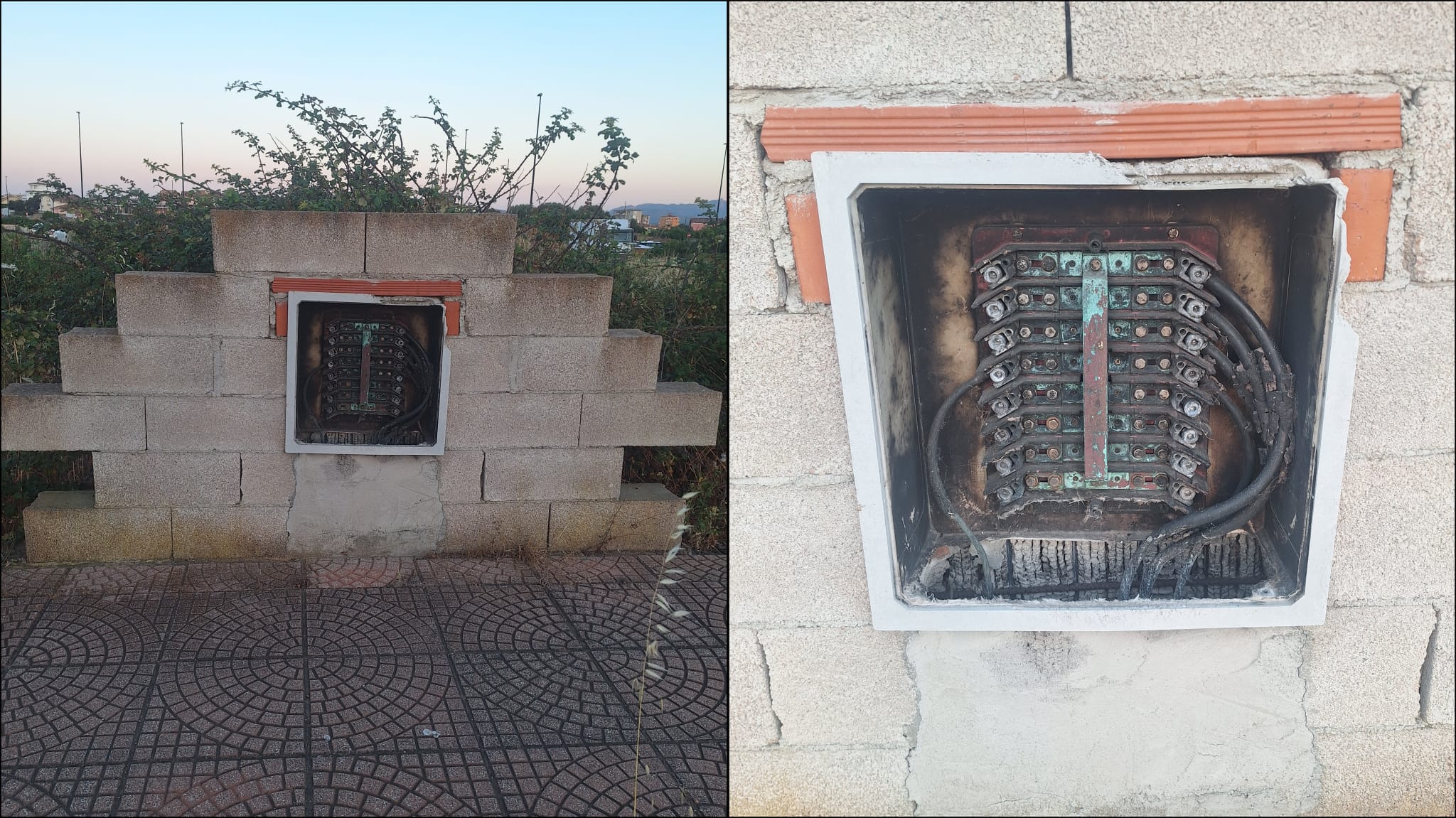 Olbia, quadro elettrico con cavi a vista in via Ilaria Alpi
